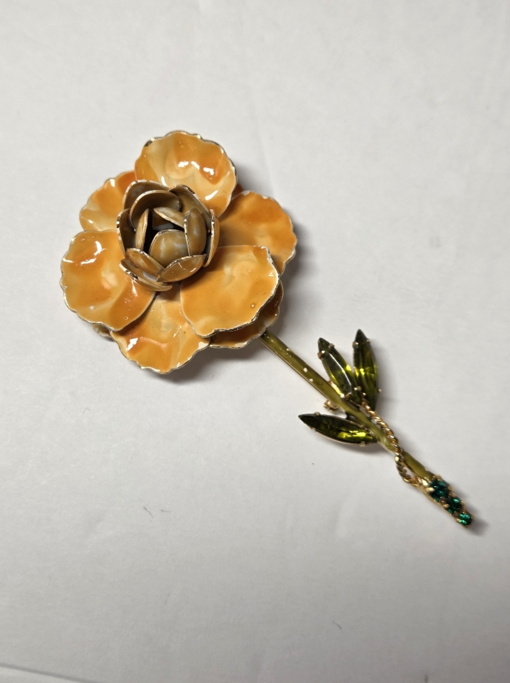 RARE VINTAGE WEISS FLOWER  PIN brooch Orange enamel  + GREEN MARQUIS and ROUND r
